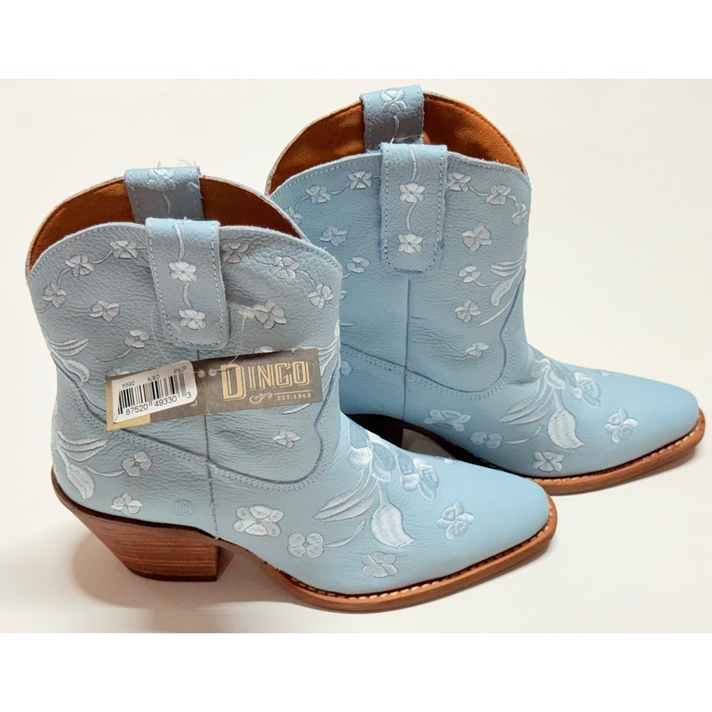 Dingo Bluebell Light Blue Floral Embroidered Leather Western Boots DI2183 7.5M